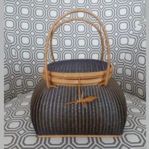 Black and Tan Woven Basket with Lid and Handles